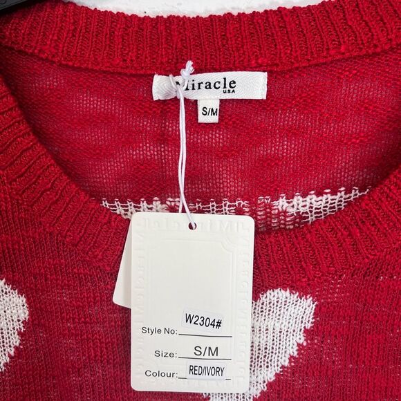 NWT Miracle | Red White Juliet’s Heart Gauge Slub Sweater Top S/M - Picture 5 of 7